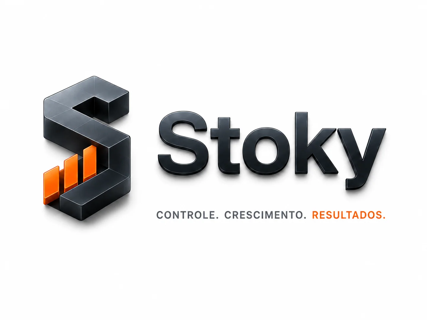Logomarca Stoky com símbolo metálico e detalhes laranja